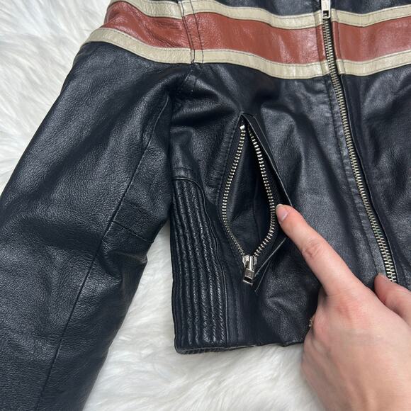 WILSONS LEATHER Black Leather Biker Jacket Kids Size XS Moto Striped Motorcycle - Picture 4 of 10